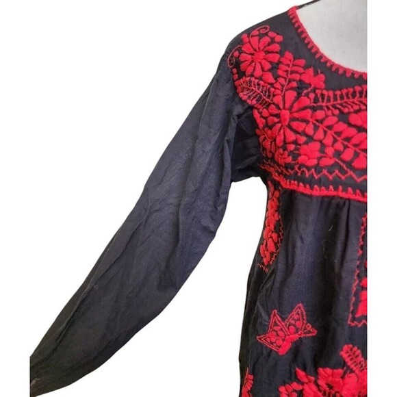 Mexico Embroidered Top Size Medium Black Hippie Boho - Picture 2 of 6